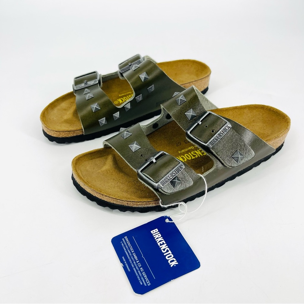 🔥RARE Birkenstock Arizona Stud Rivet Sandal 38 Olive Khaki Green PunkRock Unisex - Picture 10 of 12